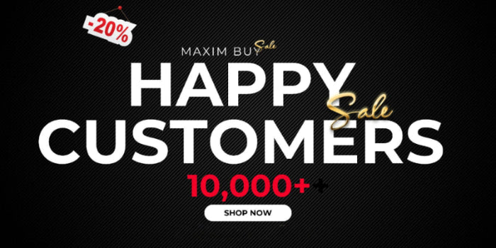Promotional banner with 'Happy Customers' and sale text on a dark background